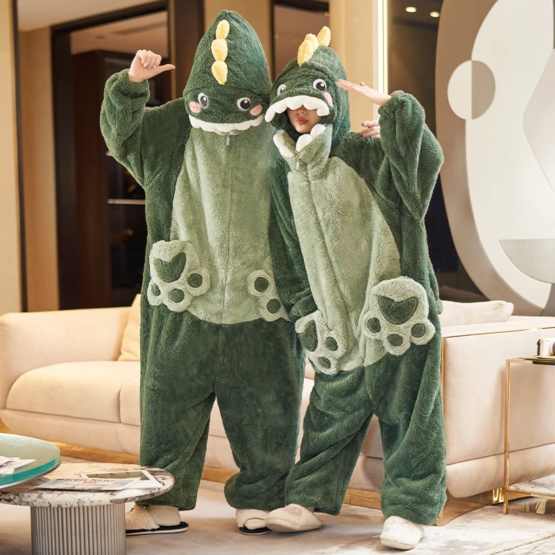 情侣连体睡衣女秋冬季珊瑚绒加厚动物卡通恐龙成人男款冬天家居服