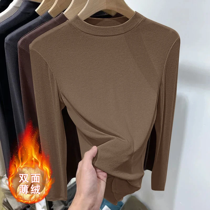 加绒保暖秋冬季新款女圆领长袖显瘦洋气内搭修身百搭纯色韩版上衣