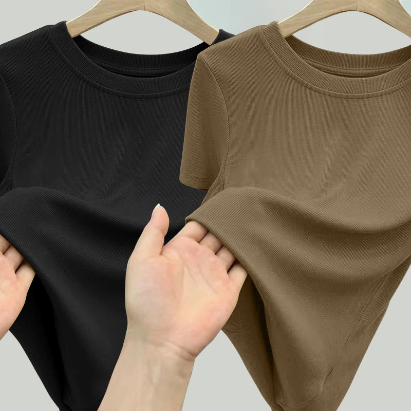 小众设计感螺纹正肩圆领短袖t恤女时尚洋气修身上衣打底衫春夏季