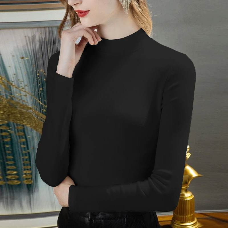 螺纹德绒半高领打底衫纯色2023秋冬新款洋气内搭百搭女士长袖t恤
