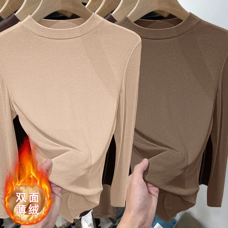 螺纹磨绒圆领长袖T恤女2025秋冬季内搭修身显瘦德绒保暖打底衫女