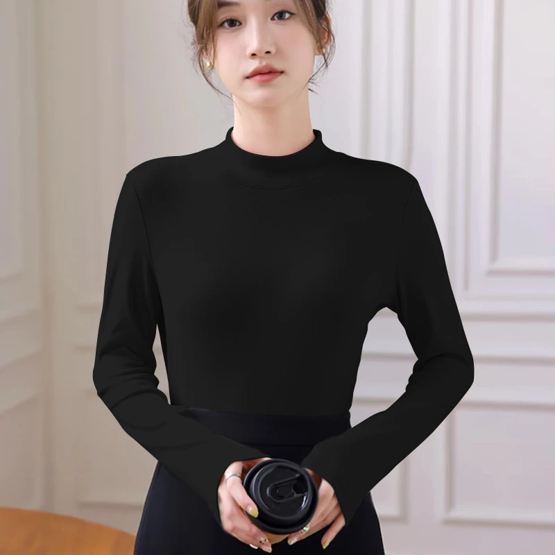 半高领双面德绒打底衫女秋冬内搭中老年纯色加绒保暖长袖大码上衣