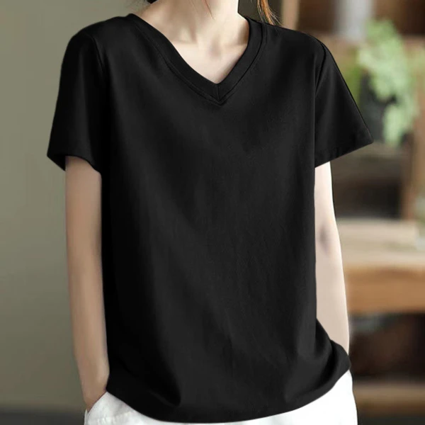 纯色v领短袖t恤女2025年新款夏季女装鸡心领短袖体恤衫竹节棉上衣