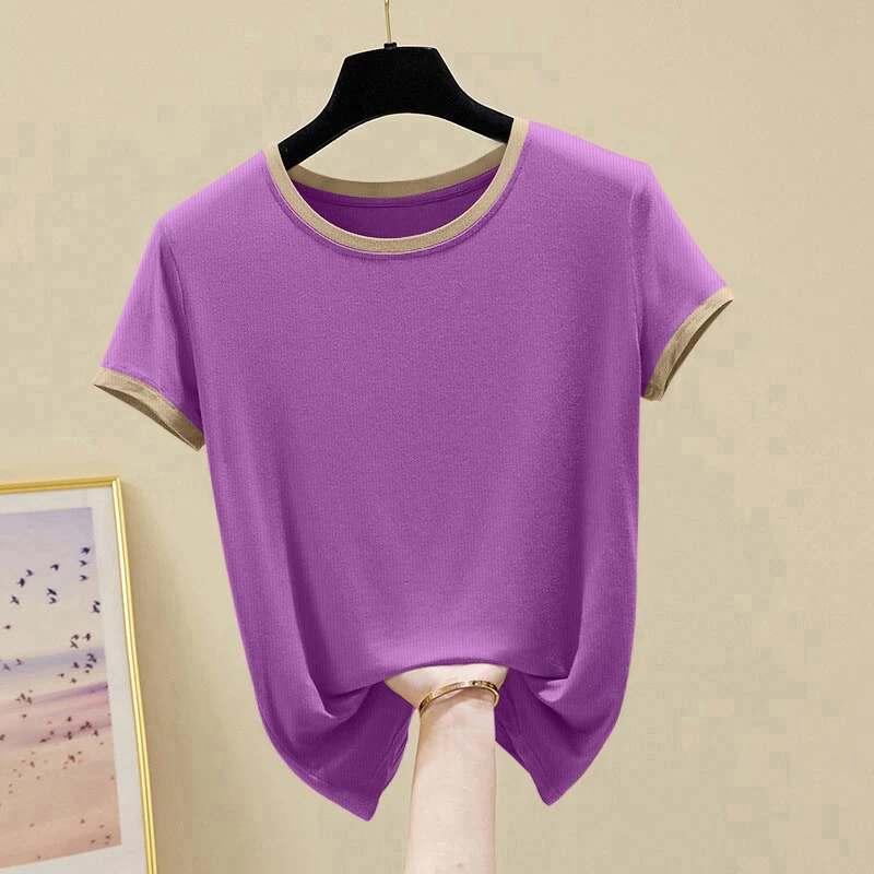 2025新款圆领休闲正肩螺纹短袖t恤夏季女时尚百搭高级上衣打底衫