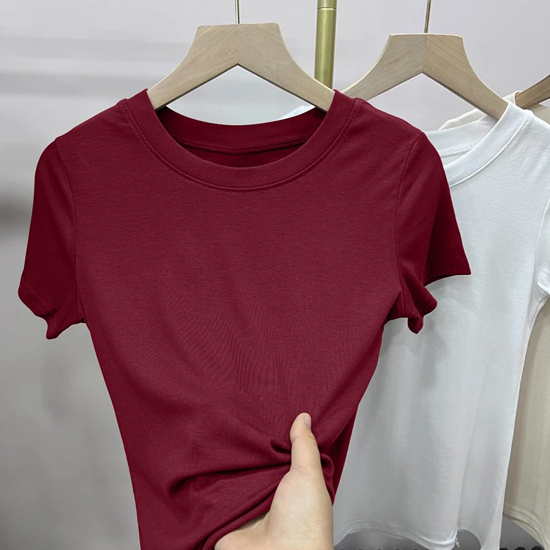 2025年时尚显瘦圆领百搭短袖T恤女春夏季新款舒适螺纹韩版t恤上衣