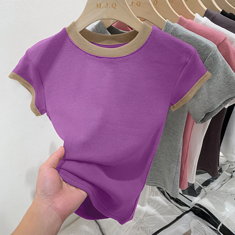 正肩新款百搭螺纹2025时尚短袖t恤上衣夏季圆领纯色显瘦女打底衫