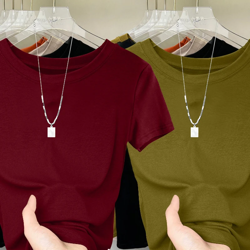 小众设计感螺纹正肩短袖t恤女时尚洋气酒红上衣修身打底衫春夏季