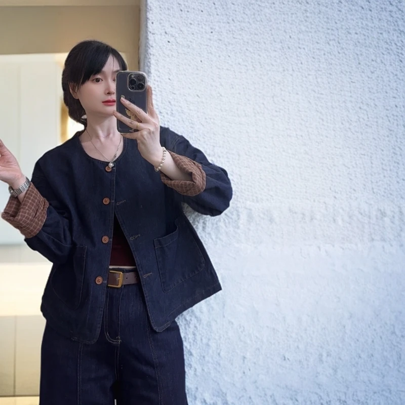 爆款拼接格子牛仔纽扣短款外套