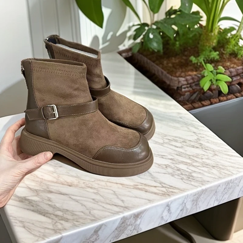 【久心家】印象密思英伦短靴女款烟筒靴增高棕色复古马丁靴8315