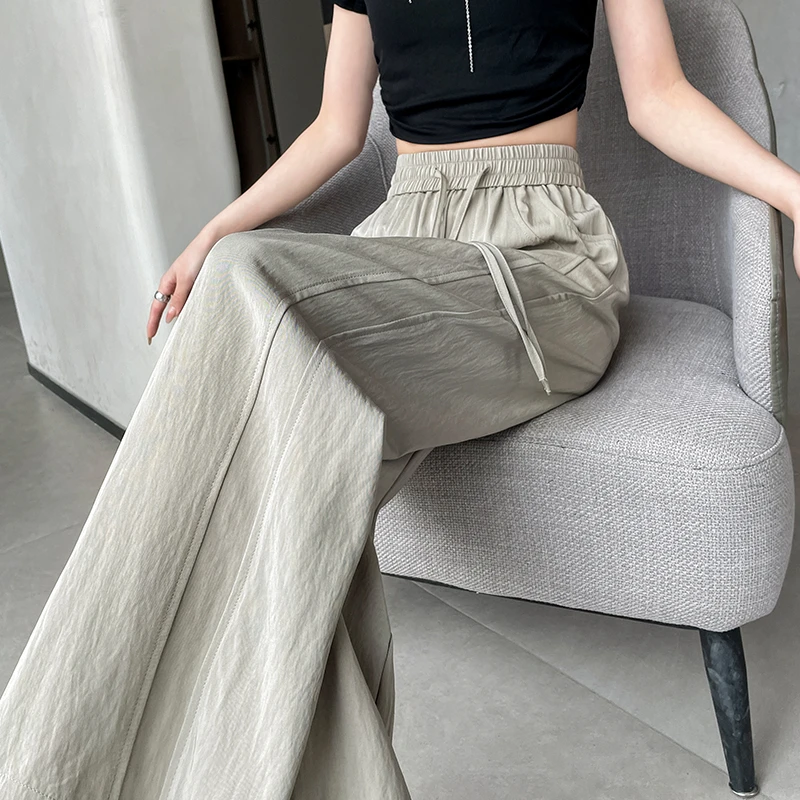 肌理感褶皱棉麻阔腿裤女夏季薄款高腰直筒裤宽松休闲裤开叉拖地裤