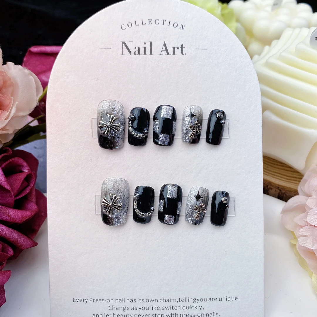 可拆卸网红穿戴甲夏日抖音黑酷酷款纯手工光疗美甲成品假指甲贴片