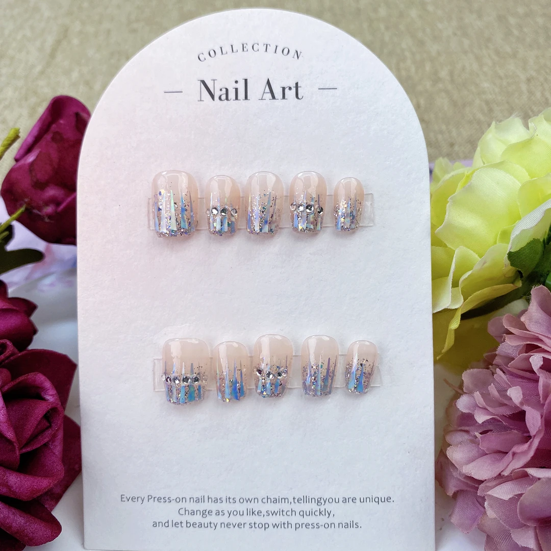 娜娜网红可拆卸穿戴甲闪钻玻璃纸款纯手工光疗美甲成品假指甲贴片