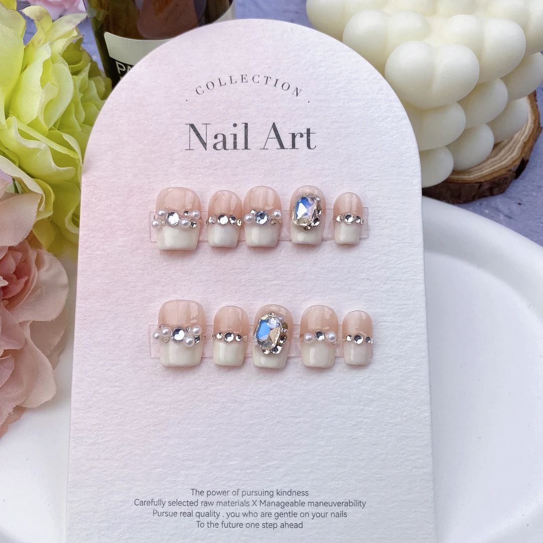 可拆卸夏日穿戴甲 裸色法式闪钻 纯手工光疗美甲成品假指甲贴片