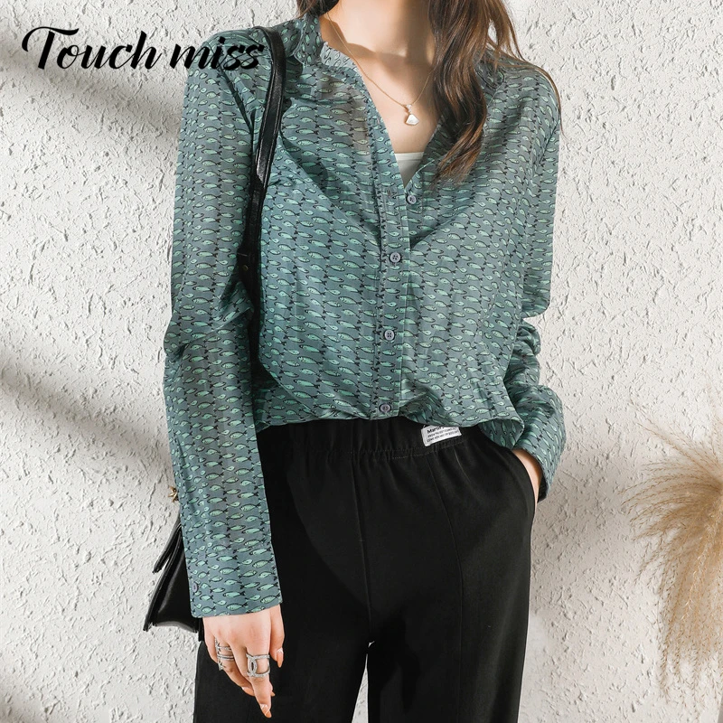 TOUCHMISS大牌女装专柜正品长袖印花洋气宽松雪纺衫衬衫小鱼印花