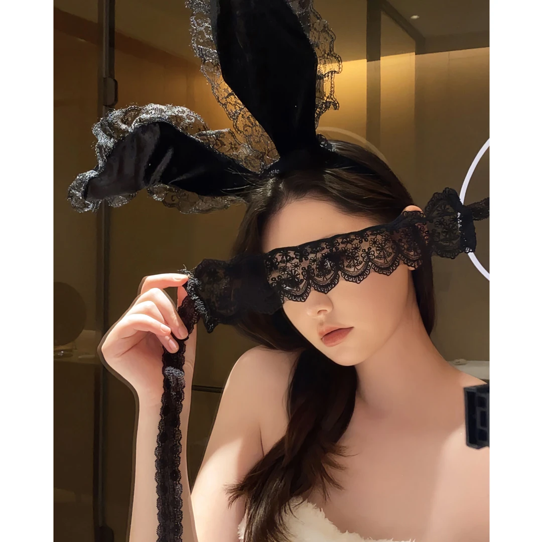 兔耳朵黑色蕾丝禁欲系cosplay发箍发饰ins兔女郎性感辣妹眼罩2024