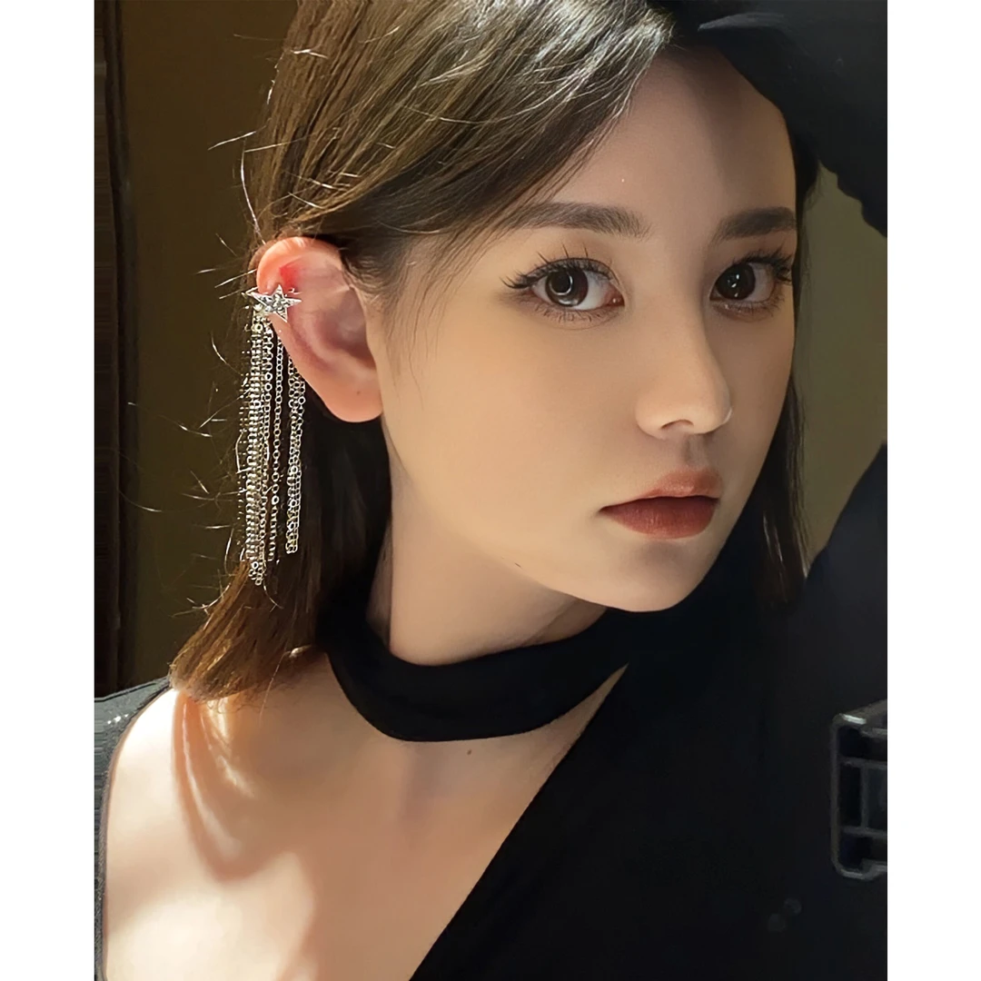 合金耳饰 【私藏星夜】星星流苏耳骨夹长款无耳洞女轻奢小众高级感