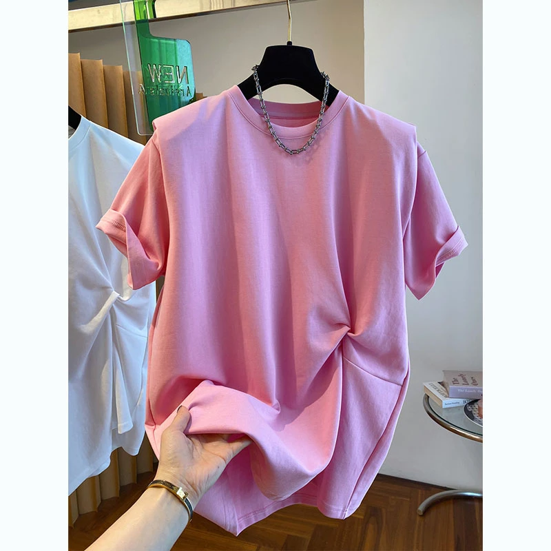 舒适新款宽松扭结设计感t恤女短袖欧货大版小众垫肩打底衫上衣夏