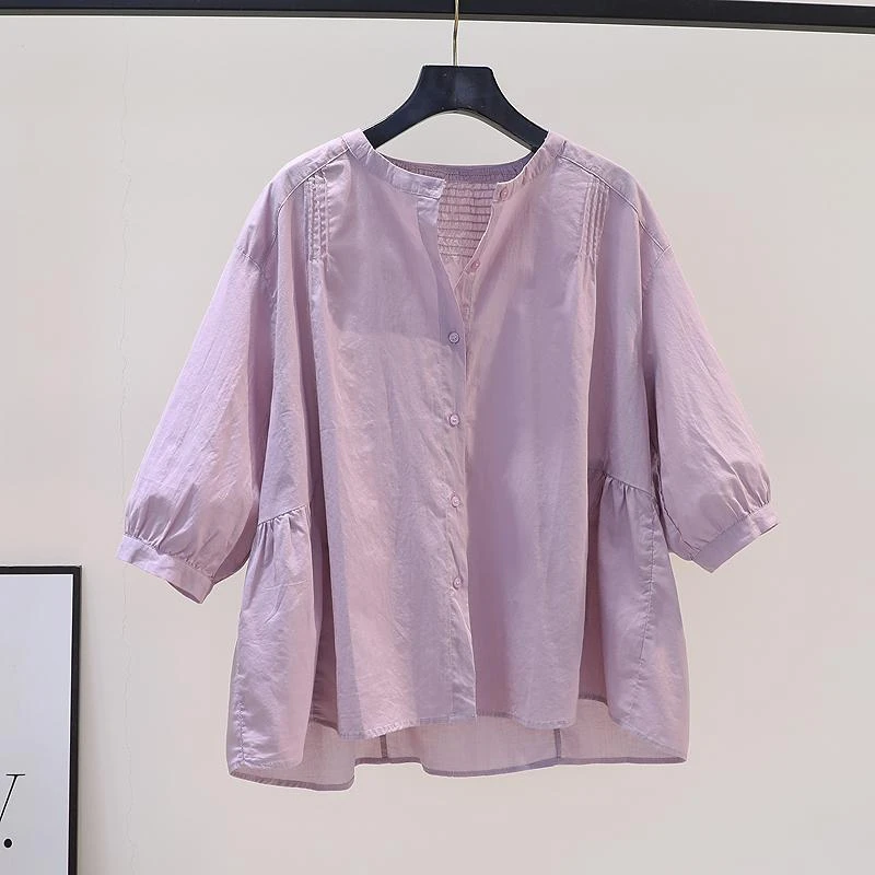 新款大码宽松女装衬衫显瘦圆领纯色洋气时尚休闲衬衣舒适感夏季爆