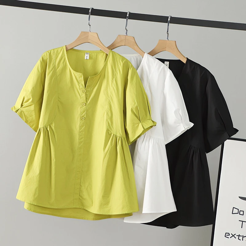 [7980]夏季新款女不规则收腰遮肚显瘦宽松百搭小众纯色衬衫大码