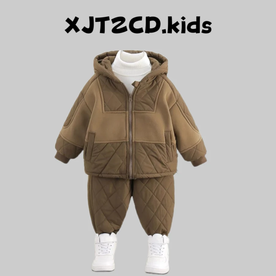 【拼接棉服套装】男宝2023冬季韩版新款加绒加厚两件套棉衣棉裤保暖