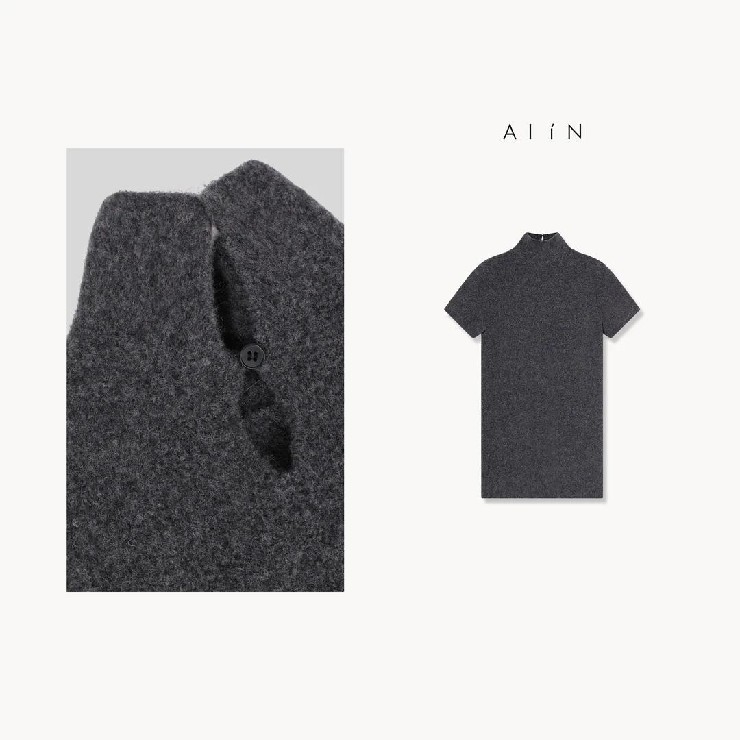 ALIN【堆堆领连衣裙】秋冬季时髦堆堆领羊毛混纺连衣裙 24-AWDW146
