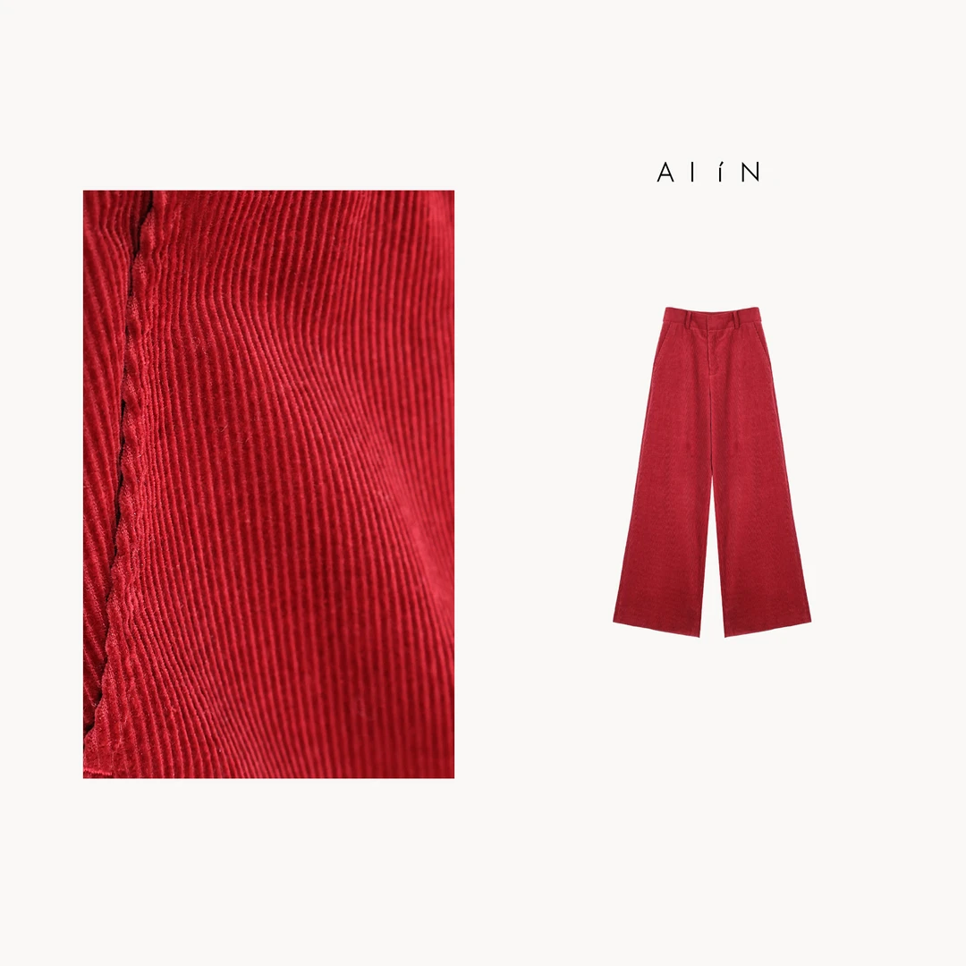 ALIN【灯芯绒阔腿裤】复古时尚红条绒宽松高腰休闲裤24-AWF8414Y