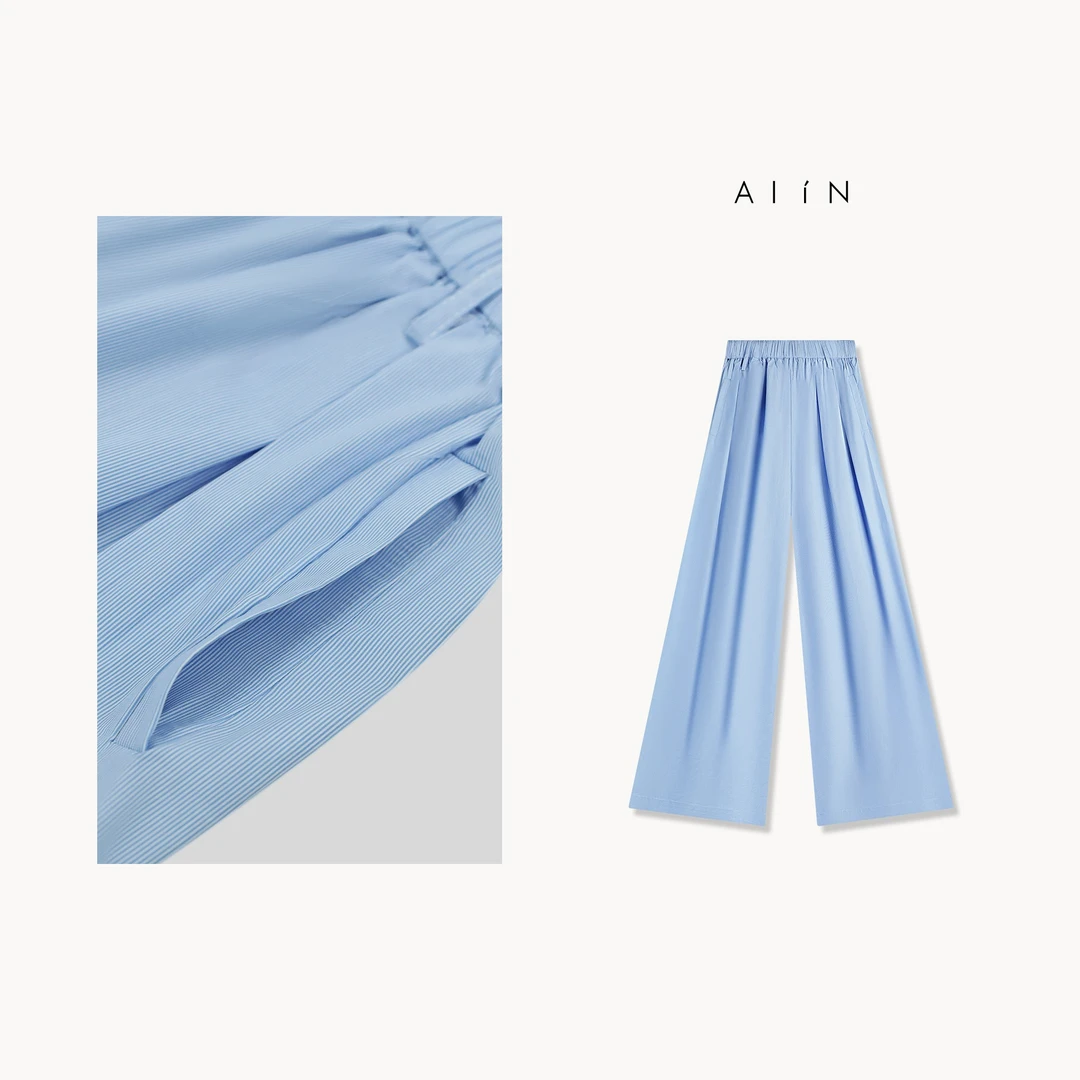 Alin【奶芙蓝条纹裤】褶皱垂感宽松薄款直筒休闲阔腿裤24-SSF8388Y