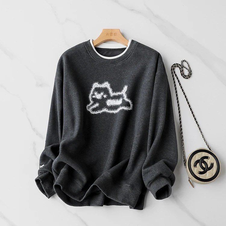 减龄喵星人~加绒加厚颗粒绒 百搭撞色圆领宽松假两件卫衣女秋冬新