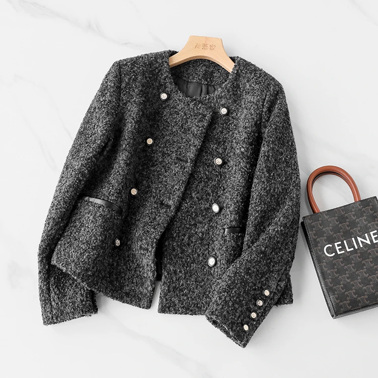 精致小香系列！定制圈圈纱~直筒毛呢圆领长袖外套夹克女冬新