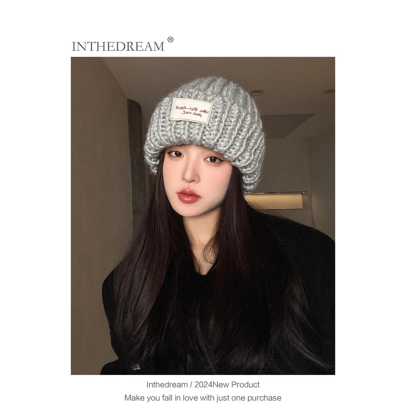 2024年帽子女粗针织毛线帽秋冬季百搭大头围黑色宽松ins潮显脸小