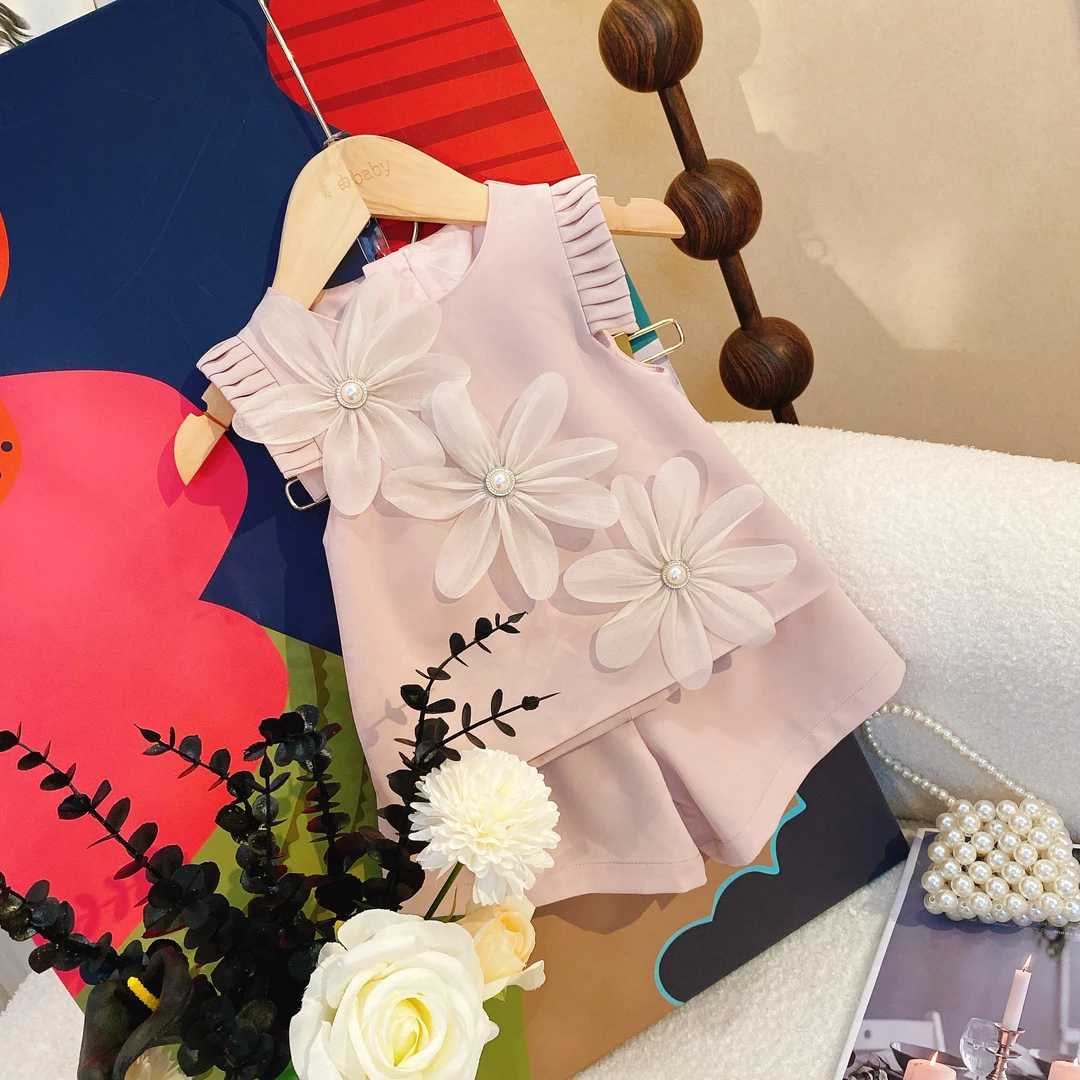 SH【悦禾】女童粉色夏季新款儿童韩版休闲裙子无袖洋气花朵裙8296