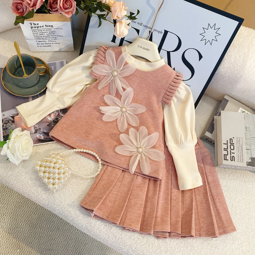 SH春季新款粉色花花套装女童时尚百搭好看百褶网红套装洋气7082