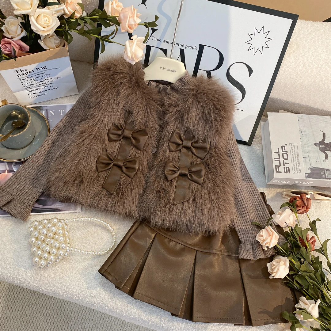 SH女童秋冬装马甲套装2024新款儿童冬季毛衣洋气加绒裙子6085咖色