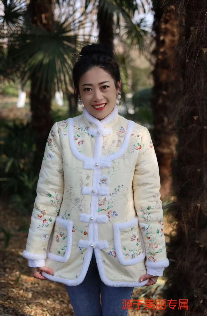 花棉袄保暖棉服中国风国风秋冬复古冬季外套加绒加厚（米果实）