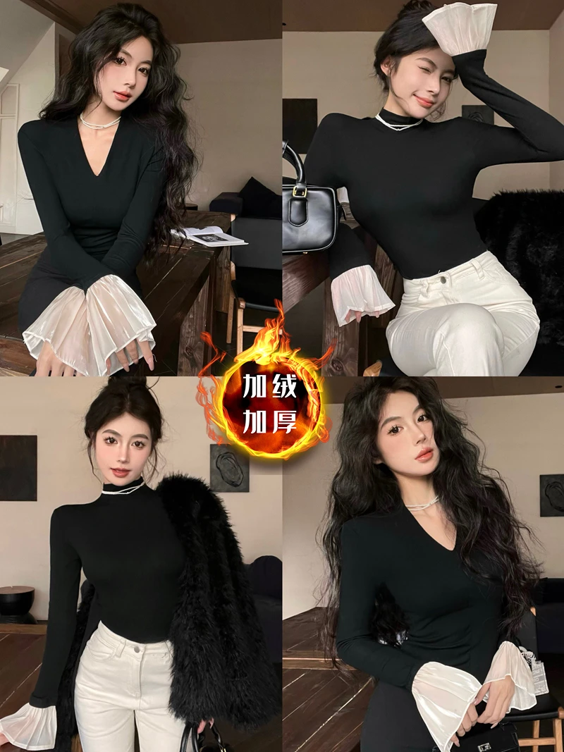 【现货秒发】法式黑色半高领长袖打底衫T恤冬新款内搭显瘦上衣