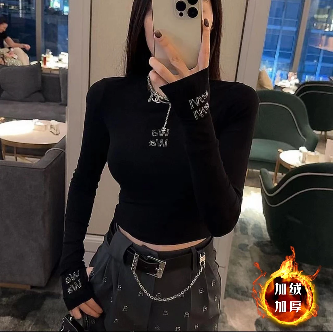 【现货秒发】重工字母烫钻加绒加厚打底衫2023冬季新款显瘦百搭上衣