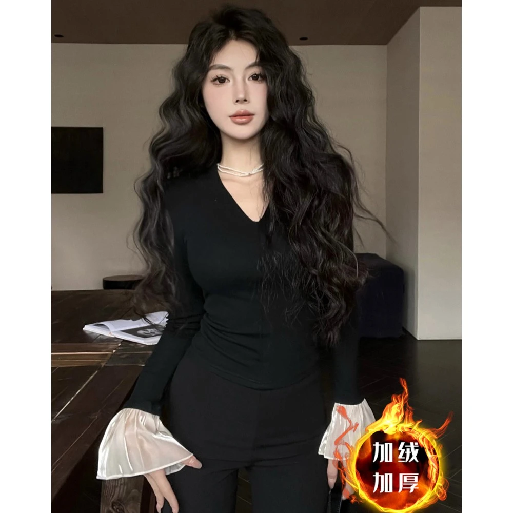 【现货/秒发】黑色磨毛加绒t恤女冬收腰内搭打底衫v领喇叭袖瘦