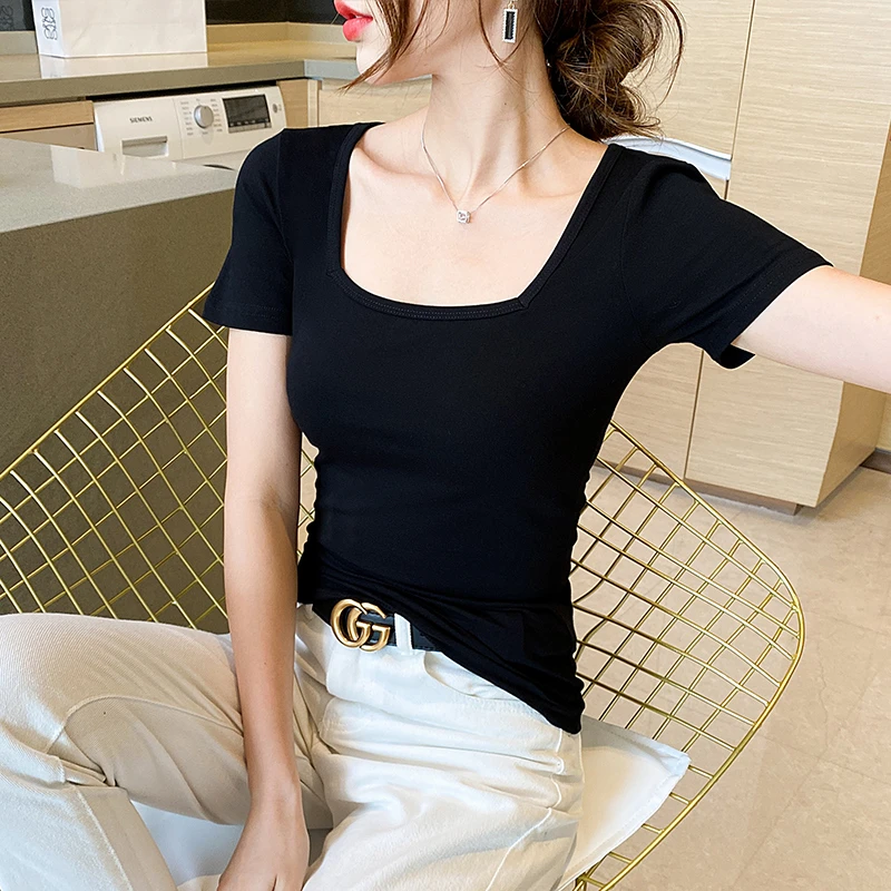 007夏季新款方领锁骨棉T恤短袖U领上衣心机设计感打底衫女内搭潮