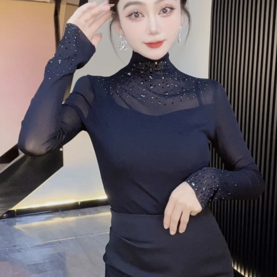 秋季新款烫钻杉气质半高领修身T恤长袖修身网红百搭紧身时尚显瘦