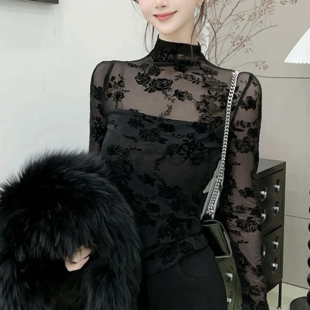 轻熟法式半高领蕾丝衫加绒打底植绒上衣显瘦长袖网红洋气蕾丝上衣