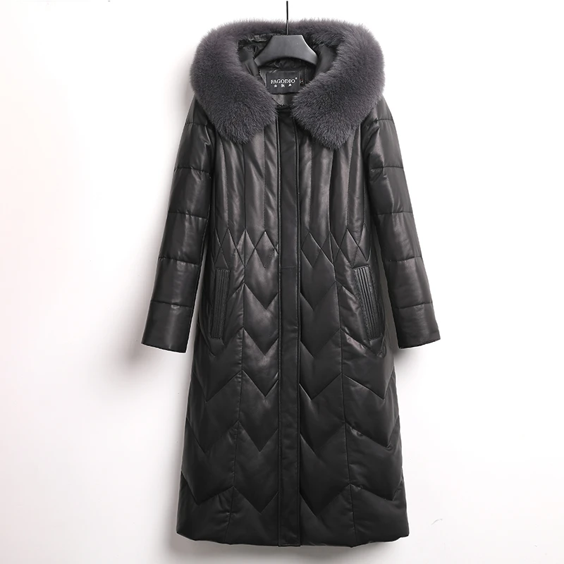 法歌弟FA22108 海宁真皮羽绒服女长款连帽外套绵羊皮皮衣冬季大衣