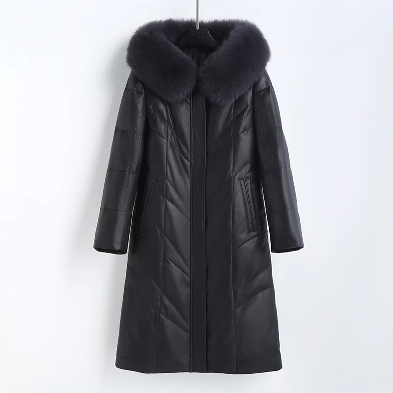 法歌弟FA2586冬季女士大码真皮羽绒服时尚妈妈装黑色百搭狐狸毛领