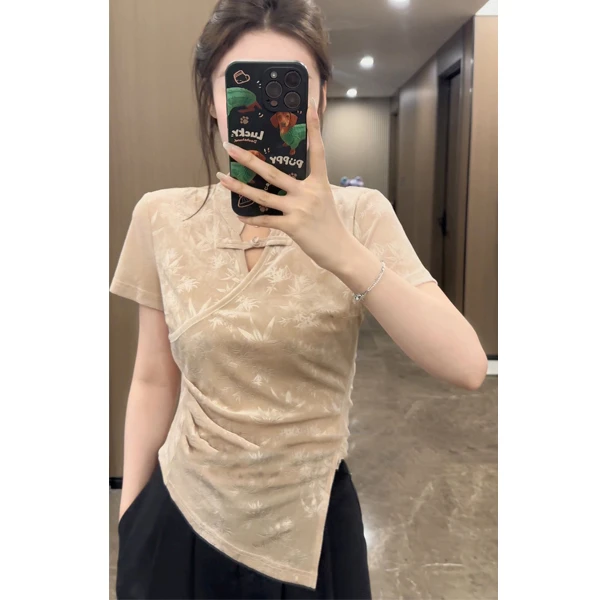 国风立领正肩盘扣短袖t恤女新中式竹韵收腰显瘦遮肉别致百搭上衣