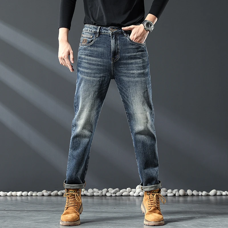 城市李6059#秋冬新款怀旧复古蓝牛仔裤男潮牌宽松直筒弹力长裤