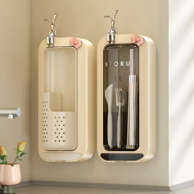 筷子收纳盒免打孔家用厨房筷子筒旋转筷子篓放勺子筷笼沥水置物架