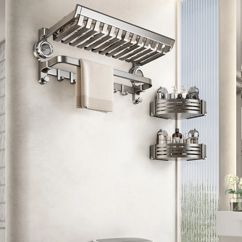 浴室吸盘浴巾架卫生间置物架免打孔壁挂毛巾架一体厕所架子置物架