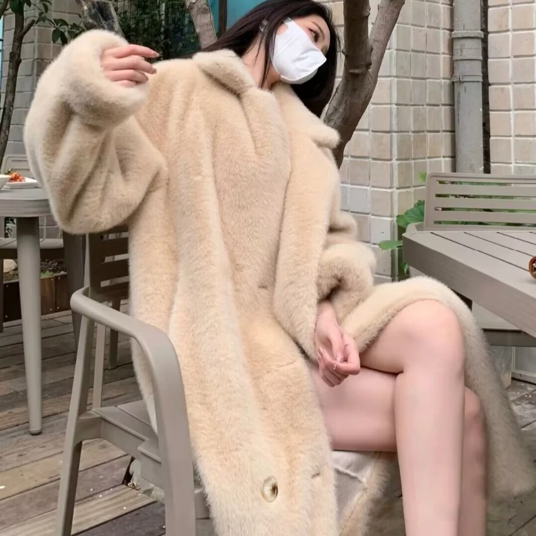 加厚长款西服领外套女毛毛大衣皮毛一体韩版环保草草网红宽松时尚