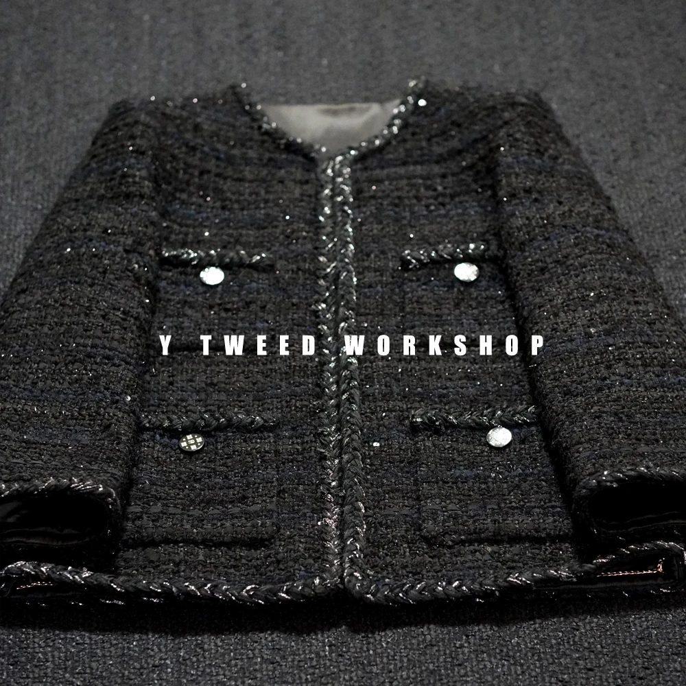 Y家【黑森林】长款高级藏青蓝黑撞色特种纱线阔版小香外套衣长68女