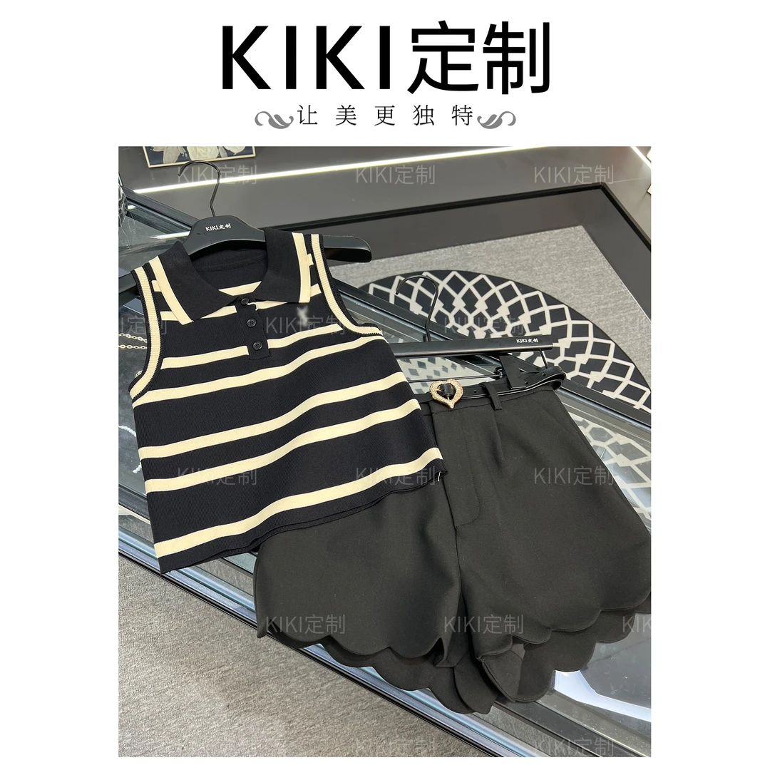 【白巧可可上衣】条纹翻领无袖上衣+黑色短裤夏季休闲时尚套装
