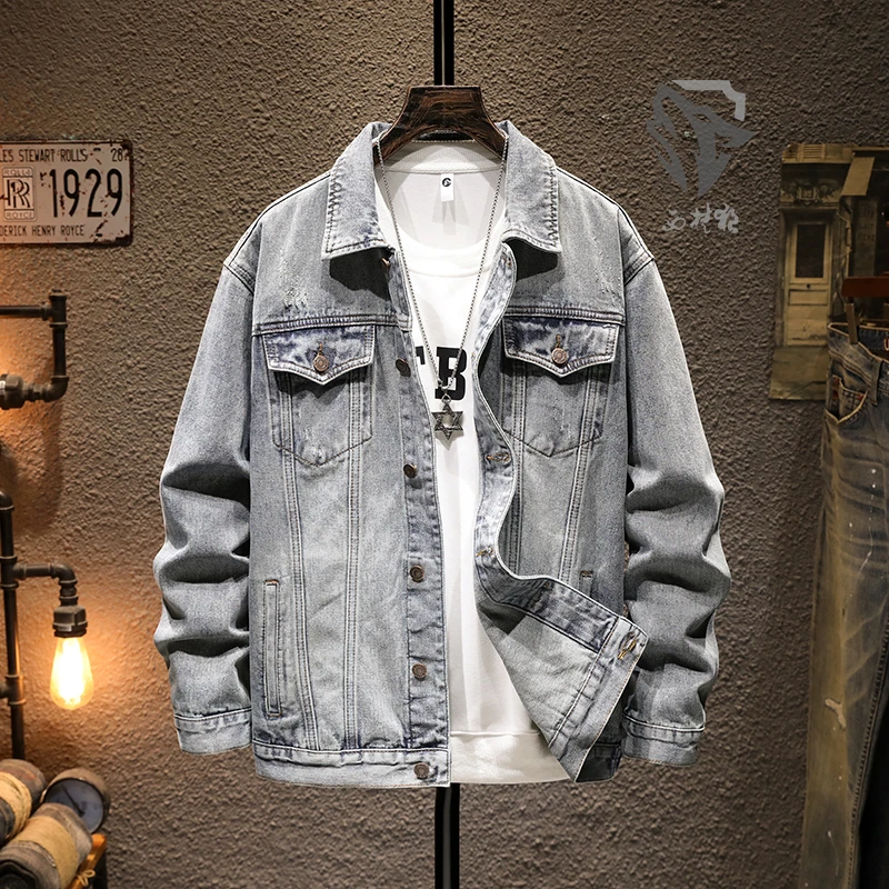 2024秋冬款男士休闲百搭美式宽松纯色牛仔夹克简约立体裁剪牛仔衣